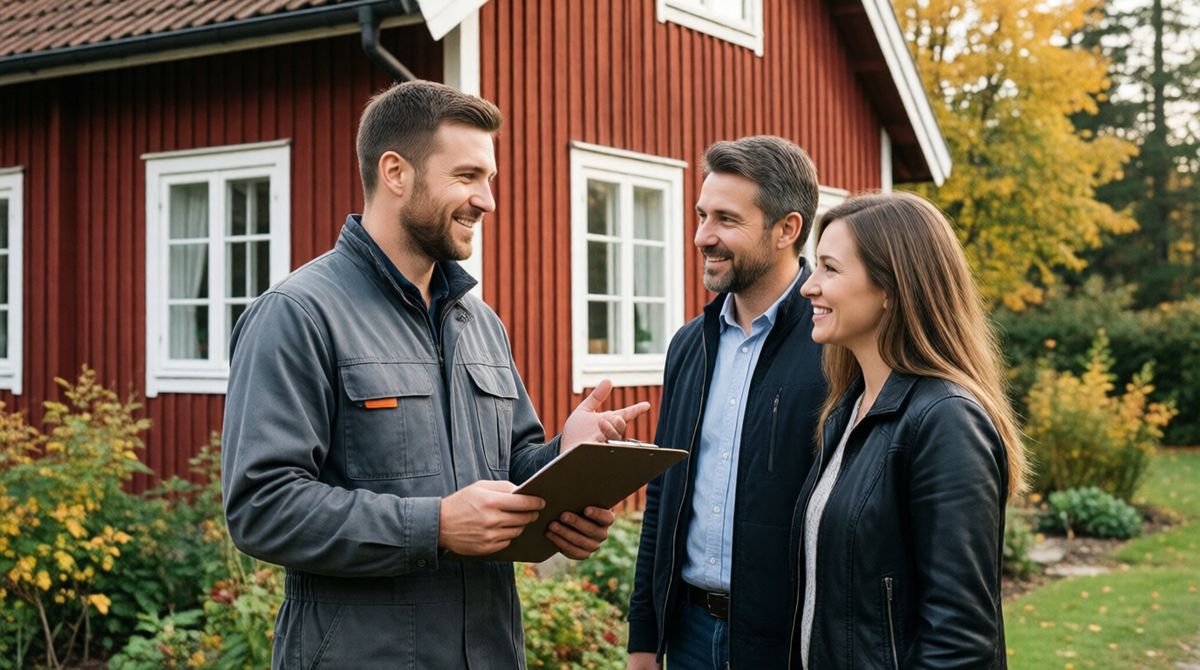 Hantverkare som går igenom ett renoveringsjobb med en villaägare